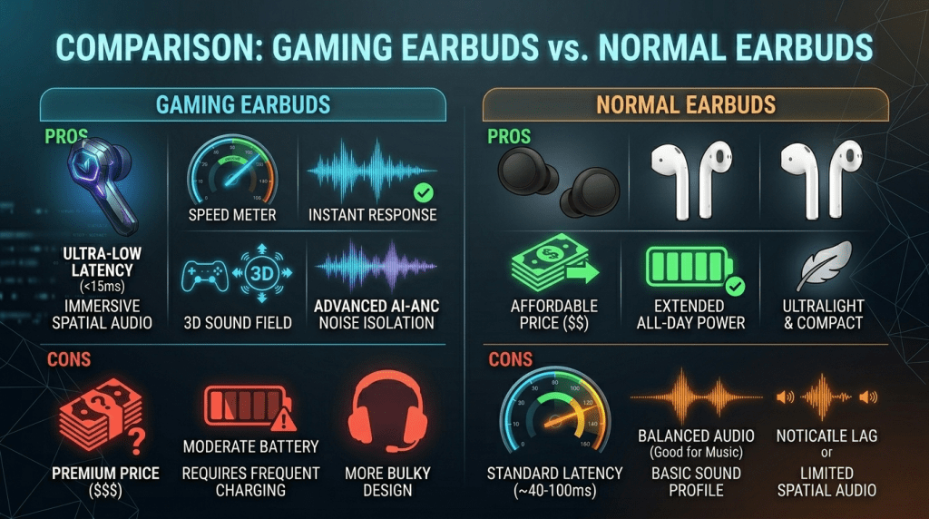 Advantages and disadvantages of gaming earbuds vs normal earbuds