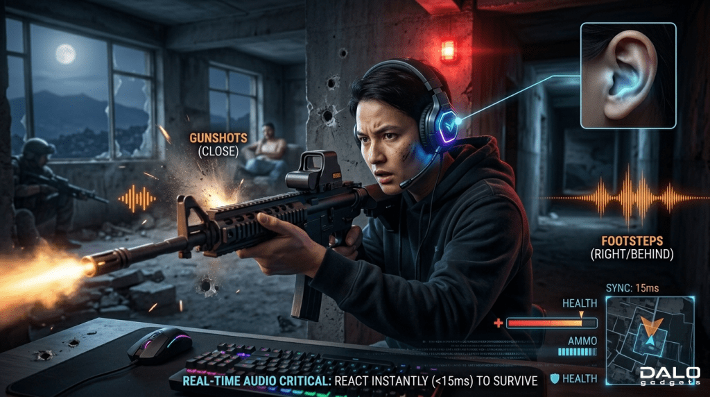 Gamer reacting to sound cues like footsteps in FPS game (2)