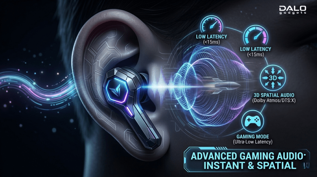 Gaming earbuds with low latency mode and directional audio features