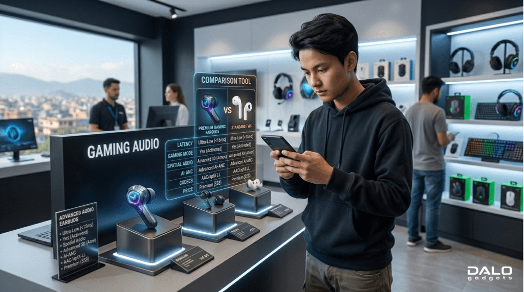 Person choosing gaming earbuds based on features and latency
