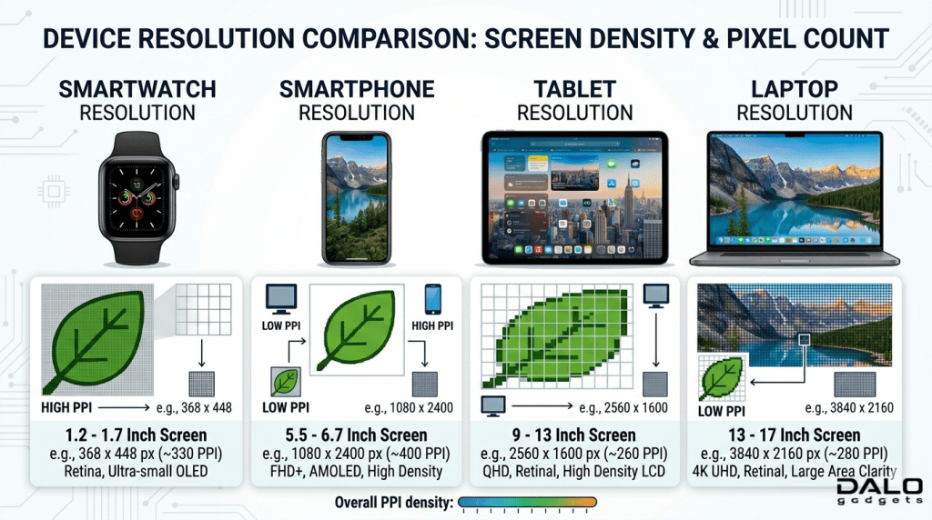 Resolution differences between smartwatch smartphone and laptop