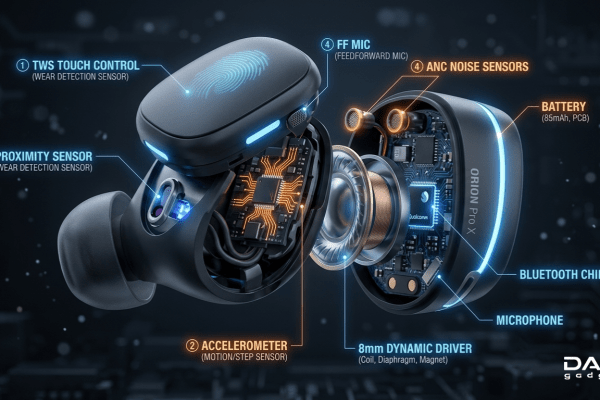 Sensors used in earbuds with smart features illustration