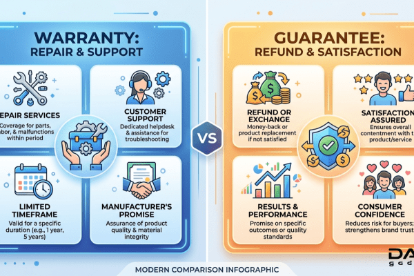 Warranty vs guarantee comparison concept with product protection